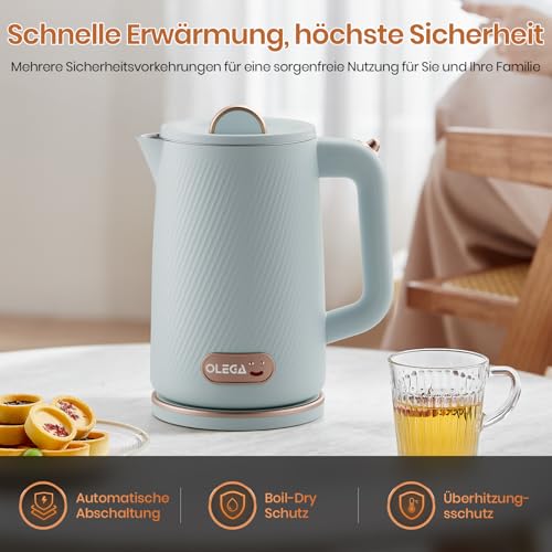 OLEGA Wasserkocher - 1800W Schnellaufheizender Elektrischer Teekessel BPA-freier 304 Edelstahl Elektrischer Wasserkocher mit Automatischer Abschaltung und Trockengehschutz Perfekt für die Familie 1.8L