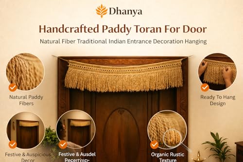 Image of Dhanya Handcrafted Paddy Toran for Main Door | Golden Rice Thoranam Hanging Decoration | Traditional Entrance Decor for Diwali Pongal Ugadi Festival | Eco-Friendly Natural Grain Toran