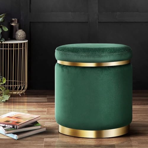 Image of ETIQUETTE ART Upholstered Velvet Round Dual Strip Ottoman Office Stool Foot Rest Stool Linen Fabric Padded Seat Pouf Ottoman with Round Shape for Living Room (Green)