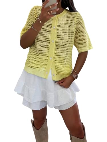 GORGLITTER Women's Button Up Cropped Cardigan Short Sleeve Sweater Fall Casual Boho Crochet Knit Tops