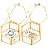 FLKQC 2 Pack Vintage Gold Hexagonal Transparent Jewelry Box, 3.1 x 2.5 x 1.7 Glass Jewelry Box for Display, Decorative, Trinket Box for Rings, Earrings, Keepsakes, Clear Glass Jewelry Display Case