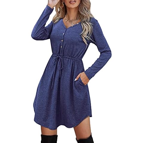 Florboom Knee Length Dresses for Women V Neck Long Sleeve Casual Dress, Navy Blue 16 18 Cover