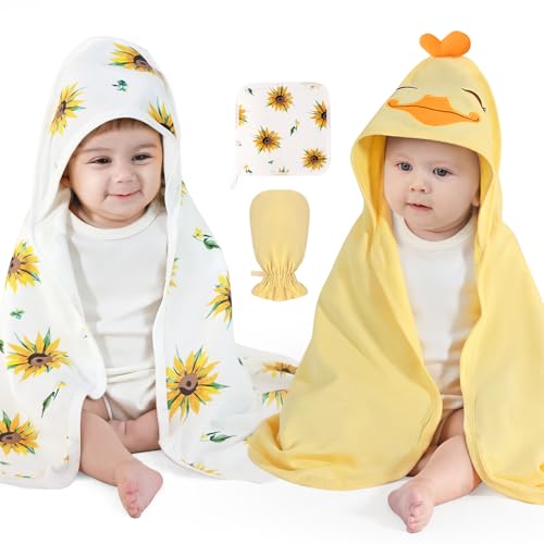 Image of Hooded Baby Bath Towels Set of 2-4 Piece Bamboo Bath Essential Must Haves Newborn Stuff, Shower Registry Gifts for Infant, Toddler (28 X 28 Inch, Duck)