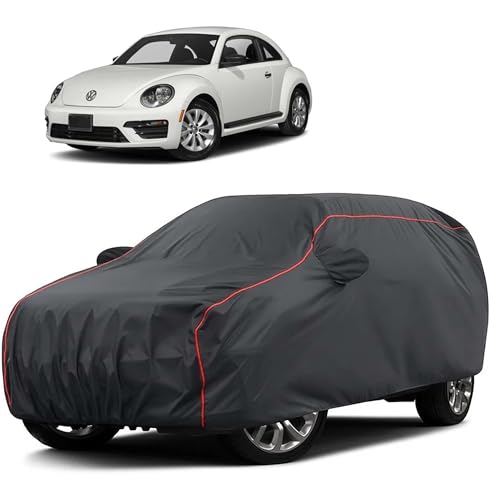 Image of Sulfar 100% Water Resistant Car Body Cover Compatible with Mirror for Volkswagen Beetle (Triple Stitched, Full Bottom Elastic, Dark Grey Taffeta with Red Piping)