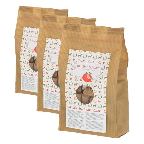Kerbl Delizia Classic 325007 - Cubo de recompensa (para Caballos, Bolsa de 1 kg, Sabor a Manzana, con Contenido Natural en minerales y Aperitivos para Caballos) (Paquete de 3)
