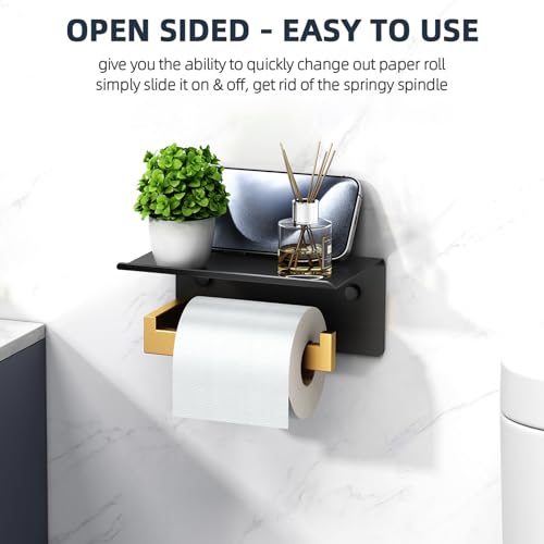 Image of Angle Simple Toilet Paper Holder with Shelf, Black and Gold