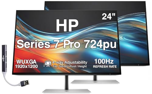 Image of HP Series 7 Pro 724pu 24 inch WUXGA USB-C Docking Monitor with Adjustable Tilt /Swivel /Pivot /Height, VESA Mount, Displayport w /DKZ Hub, Black /Silver (8Y2F7AA#ABA) 2 Pack