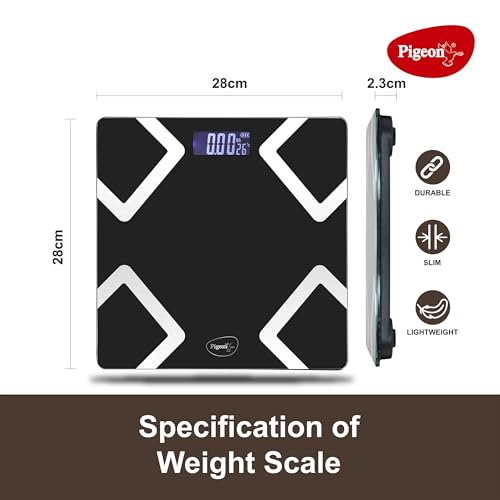 Image of Pigeon Opal Weighing Machine for Body Weight Machine| Digital Bathroom Scale for Weight Measurement| Weighing Scale with LCD Display| 36 Months Warranty, Black, 180 Kg