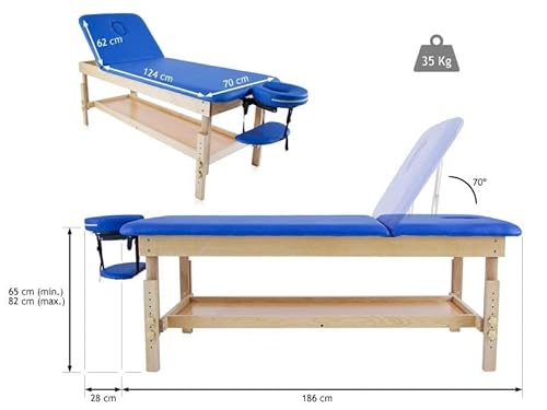 QUIRUMED Feste Holztrage mit klappbarer Rückenlehne und Tablett, Blaue Farbe, 186 x 70 cm, Holz, Kunstleder, höhenverstellbar, Armlehnentablett, Gesichtsloch, bis zu 180 kg