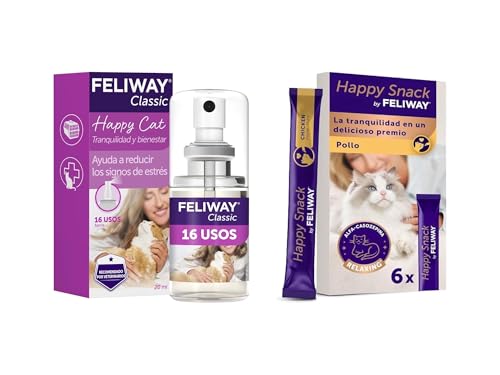 Feliway Pack Viajes Antiestrés para Gatos - Classic Spray 20ml + Happy Snack 6 Sobres Sabor Pollo