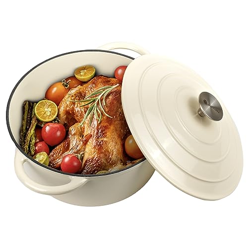 Gacuray 6Qt Enameled Cast Iron Dutch Oven Pot with Lidnd Dual Handles Heavy Duty Non-Stick Cream White