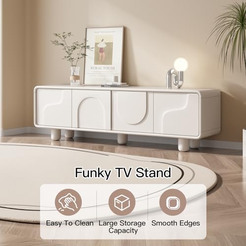 Guyii Modern TV Cabinet, Creamy White Television Stand with 3 Cabinets, Entertainment Stand for TV, Creamy White TV Console Cabinet for Living Room