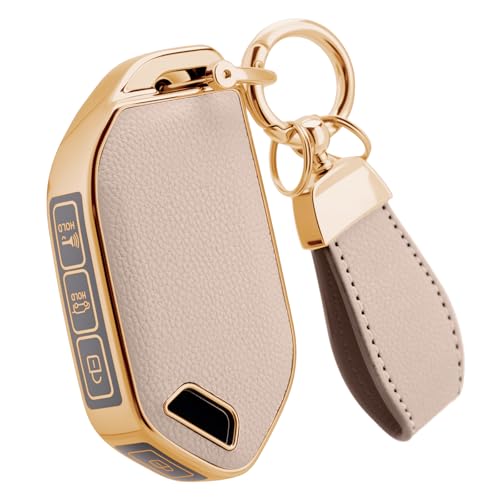 WCHJUD Soft Upper Leather TPU Key Fob Cover Case for Kia Telluride Carnival Sorento K4 K5 GT-Line 2023 2024 2025 with Keychain (Gold-edged light pink 5 Buttons)