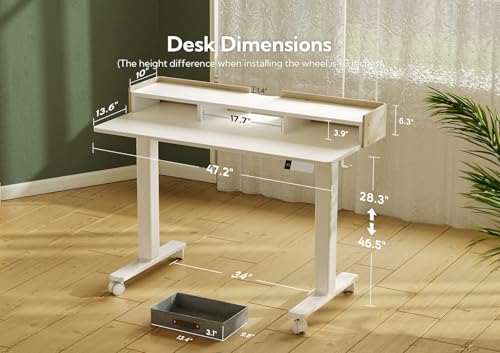 Image of Claiks Standing Desk with Drawers, Adjustable Stand Up Electric Small Standing Desk Adjustable Height with Storage Shelf and Splice Board, 40 Inch, White