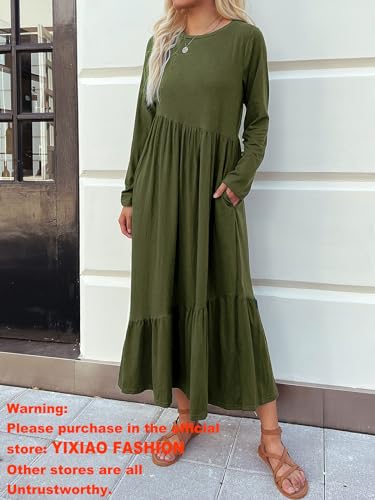 Image of Mieazom Women's Long Sleeves Maxi Dress Casual Loose Tiered Flowy Swing Beach Long Dresses with Pockets