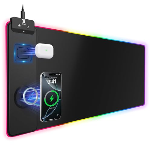 Image of Mouse Pad with Magnetic Wireless Charging, Large Desk Pad Protector, RGB Black Mousepad Desk Mat with 15W Fast Charger, 4mm Thick Non-Slip, Waterproof Laptop Writing Pad for Office, Home, Gaming