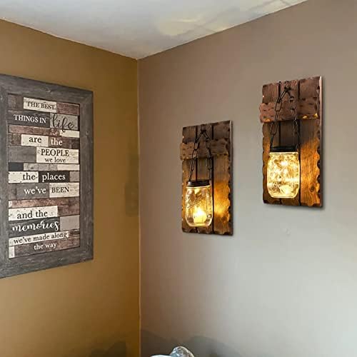 Farmhouse Wall Sconces Decor, Rustic Wall Decor, Wall Candle Holder Hanging Decor with Lights, Wall Decorations for Living Room, Bathroom,Wall sconces Set of Two (Brown)