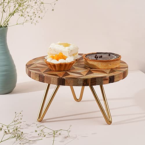 Image of CASADECOR Wooden Geometrical Forest Decorative Pizza Pastry Cake Stand Pack of 1 (Gold, Diameter-10 Inch)