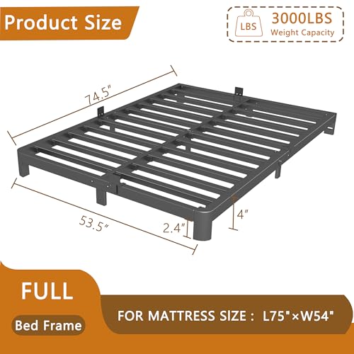 Image of 4 Inch Full Bed Frame, Platform Bed Frames with Metal Gaskets, Anti-Slip Mattress Stopper, No Box Spring Needed, Heavy Duty Steel Slat Support, Round Corner Leg, Easy Assembly, Black