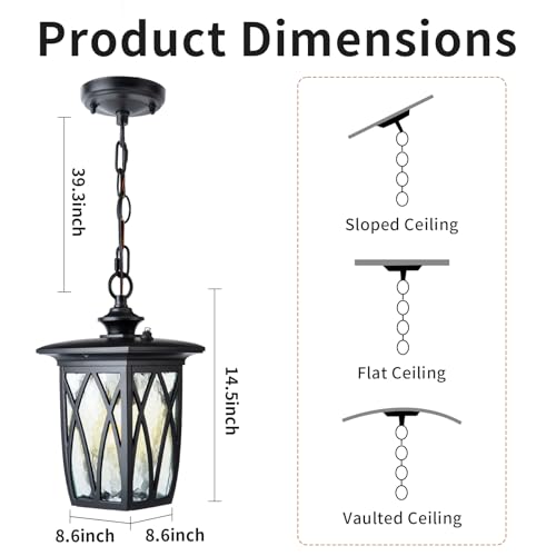 Image of JYZ Dusk to Dawn Outdoor Pendant Lantern, 15 Inch Craftsman Style Large Exterior Hanging Light with Water Ripple Glass, Traditional Outdoor Chandelier for Front Porch Gazebo Patio Garden