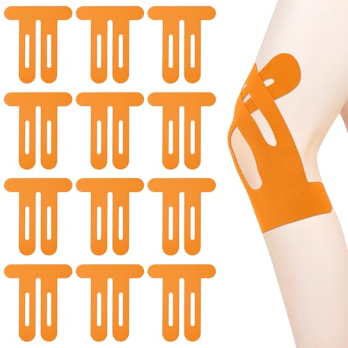 12pcs Precut Kinesiology Tape for Knees, Breathable & Waterproof Knee Support Tape Strips Latex-Free Elastic Athletic Stickers for Knee Comfort, Stability & Muscle Support Patches (Orange)