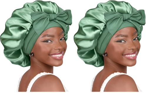 Image of YANIBEST Adjustable Satin Bonnet for Sleeping Women Double Layer Hair Wrap Reduce Friction Prevent Frizz Natural Curly Hair, Sage (Pack of 2)