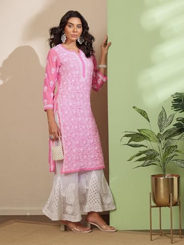 Image of Ada Lucknow Chikankari Hand Embroidered Faux Georgette Kurta Kurti Tunic Dress for Women A95504