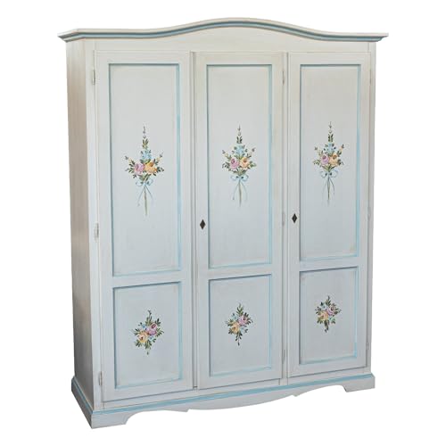 ARMADIO IN LEGNO 3 ANTE IN LEGNO SHABBY CHIC BIANCO ANTICATO DECORATO FIORI FILO AZZURRO,Art 201313-FAZ
