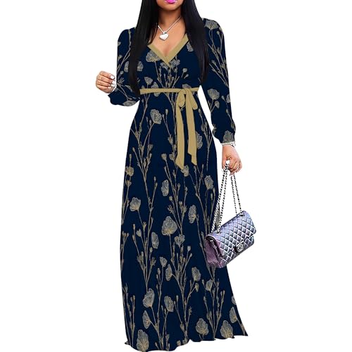 Image of PinkPatty Women's Print Maxi Dresses 3 /4 Sleeve Flowy Long Dress V Neck Wrap Tie Waist Sundress