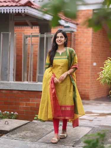 Image of ANNI DESIGNER Women's Chanderi Cotton Straight Printed Kurta with Dupatta