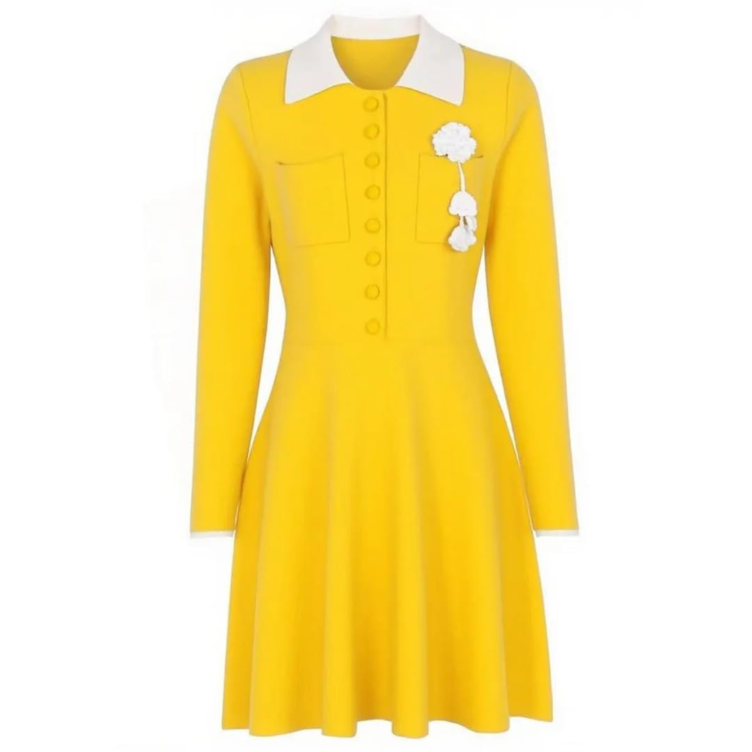 Vestido de fiesta de punto corto para mujer, manga larga, cuello de solapa, ajustado, elegante vestido