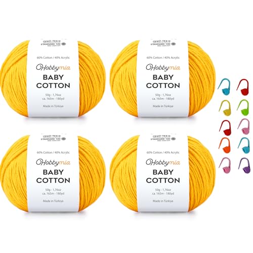 Image of Baby Cotton Blend Yarn - Soft Sport Weight Yarn for Crochet & Amigurumi - 50g /180yds - 60% Cotton 40% Acrylic - Ideal for Baby & Knitting Proj. & 10 Stitch Markers(Mustard Yellow, 4 Balls)
