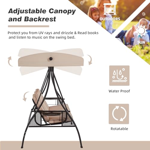 Image of HOMREST 3 Seat Outdoor Porch Swing with 1.5 inch Deepened Cup Holder, Adjustable Canopy, Patio Swing Bed with Stand, Patio Glider Swing with Thicken Cushions, Pillow for Yard, Garden(Khaki)