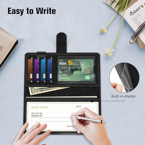 Image of FINTIE Checkbook Cover for Personal Checkbook, RFID Blocking Big Capacity Standard Register Duplicate Checks with Pen Holder, Cards Slots (Black and Brown)
