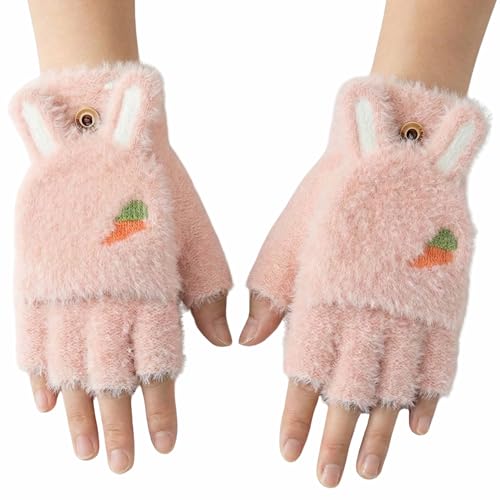Image of Kraptick Cute Bunny Winter Gloves for Women & Girls - Fluffy Convertible Flip Top Mittens - Warm Fingerless Knitted Woolen Hand Warmer with Button Flap for Typing & Driving (Free Size, Pink)-5