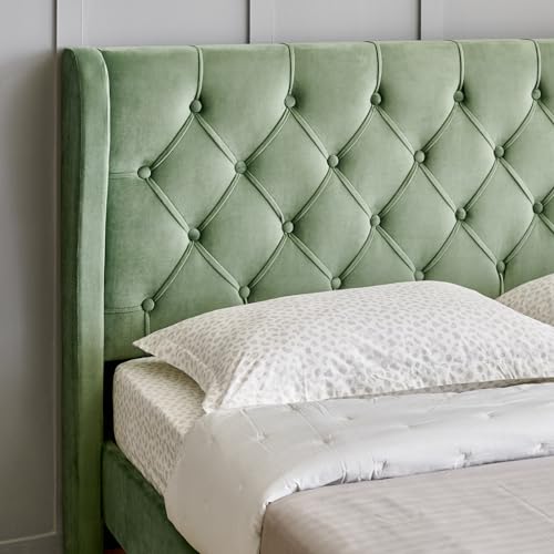 Image of Home Centre | Helios Bravo Roxy Upholstered King Size Bed Without Storage | Engineered Wood | Green | 1 Year Warranty