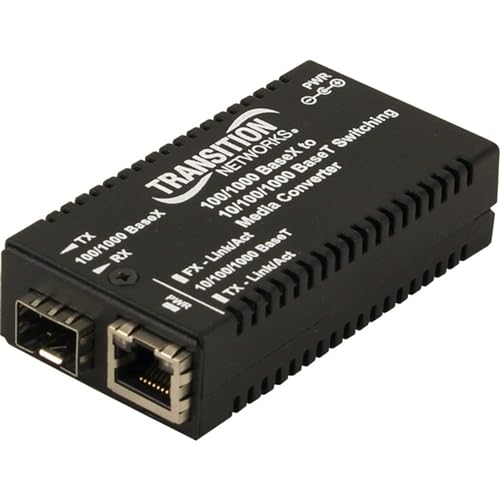 Transition Networks M/GE-xSW-SFP-01-xx-UxX Transceiver/Media Converter - 1 x Network (RJ-45) - Gigabit Ethernet - 10/100/1000Base-T, 1000Base-X - SFP (Mini-GBIC) - Power Supply - Rail-mountable, Wall