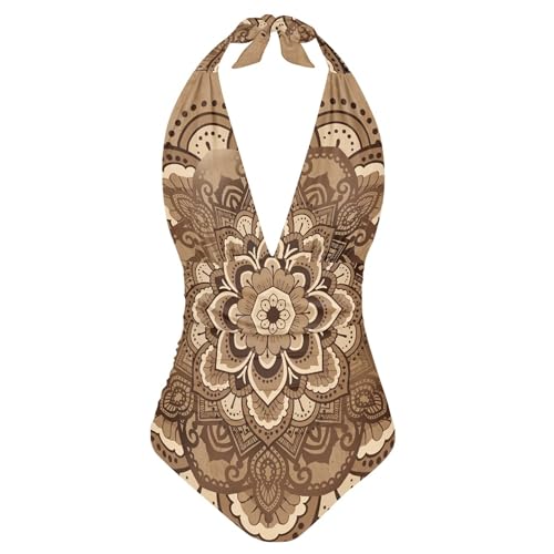 Cumagical Bohemian One Piece Swimsuit Women Modest Mandala Print Brown Summer Sexy Plus Size Tummy Control Swimwear