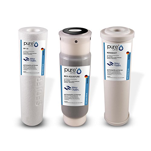 PureOne SEDIBAKT Ersatz-Garnitur Wasserfilter für Wasseraufbereitungsanlage 3-Fach Bakterien u. Keimen. PP Sediment Vorfilter, Aktivkohle-Kartusche, 0,3u00b5m Keramik-Patrone 10 Zoll