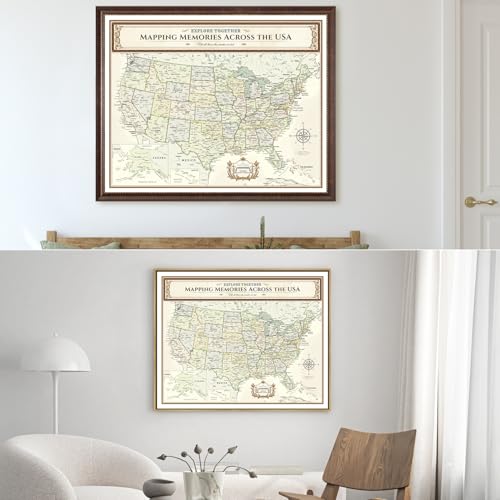 Image of DECORARTS - Large Personalized Push Pin Travel Map USA, Custom Name, Pin Board Canvas Wall Art, Colorful United States Decor, Optional Wood Frame, Giclee Print, Handcrafted in USA, 35x28''