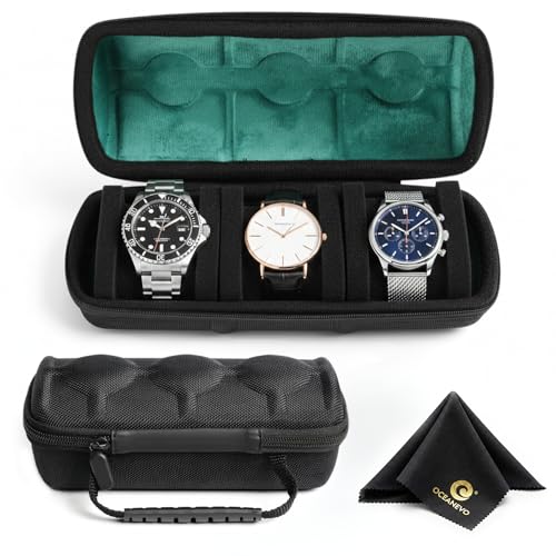 OCEANEVO 3 Slots Hard Shell Travel Watch Organizer Case WITH Watch Cleaning Cloth, Portable Watch Box with Handle for Watches upto 60 MM - 20 x 8.5 x 8.5 Cm - Green - 1 Year Warranty