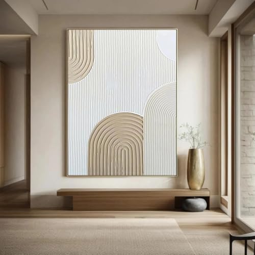 KEMEIQI Quadro su tela astratto con strisce beige e bianche, dipinto a mano in 3D, minimalista, strutturato, dai toni neutri, per arredamento moderno, 65x130 cm, senza cornice.