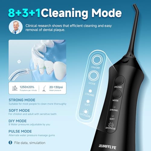 RUMFFLYE Munddusche Kabellos 4 Modi 12 Stufen Water Flosser 0.6MM Wasserstrahl Oral Elektrische Zahnseide Zahnreinigung Zwischenräume Zahnzwischenraumreiniger 300 ML Wassertank IPX7 für Zuhause Reisen