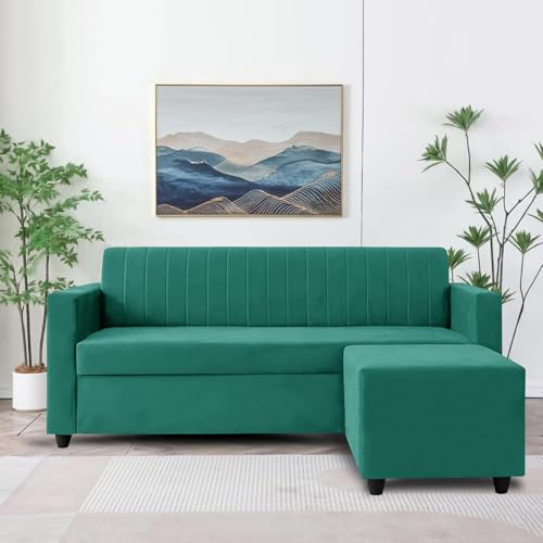Image of Rosebell Modern L-Shape Velvet Sofa | Right-Hand Four-Seater Sectional Corner Couch with Tufted Back | Elegant Green Sofa for Living Room, Office & Guest Space