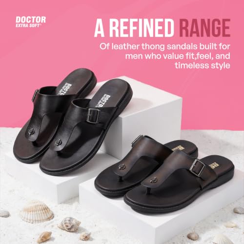 Image of DOCTOR EXTRA SOFT Men's Classic Casual Original Leather Thong Black /Brown Sandals /Chappals with Memory Foam Cushion| Stylish & Non-Slip|Comfortable & Lightweight |Flip flops Slippers Gents & Boys F-3