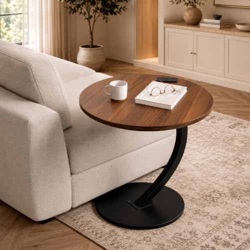 Image of KRISHYAM Modern C-Shaped Side Table with Wooden Round Top & Metal Base | Sofa End Table for Living Room, Bedroom & Office | Walnut Finish Top with Black Metal Stand