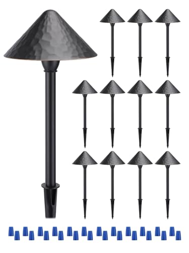 LEONLITE 12-Pack Low Voltage Pathway Lights, 3W 12-24V AC/DC CRI90+ Low Profile LED Landscape Path Lights, Cone Head with Vintage Texture & Vintage Golden Edge, IP65 Waterproof, Black Aluminum Housing