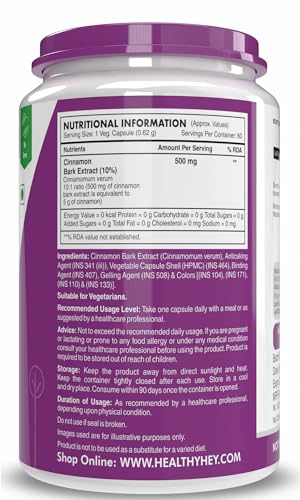 Image of HealthyHey Nutrition Cinnamon Extract 10:1 Ratio - Support Healthy Glucose Levels -60 Veg. Capsules