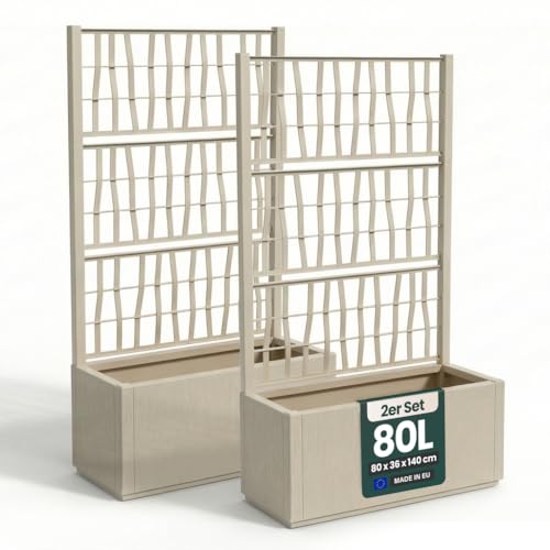 2 x Kreher® XL Rankgitter, Spalier mit Pflanzkasten aus robustem Kunststoff. Maße BxTxH in cm: 80 x 36 x 140 cm. Top für Garten, Terrasse und Balkon! (Beige)