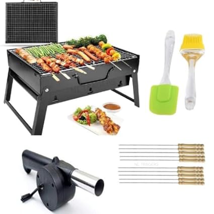 Pithadque Charcoal Barbeque Grill - Portable Barbecue Grill Folding BBQ Grill(2 Spatula,1 BBQ,10 Skewers,1 Air Blower) Outdoor Grill Tools for Camping Hiking Picnics, Free standing, Ground Mount